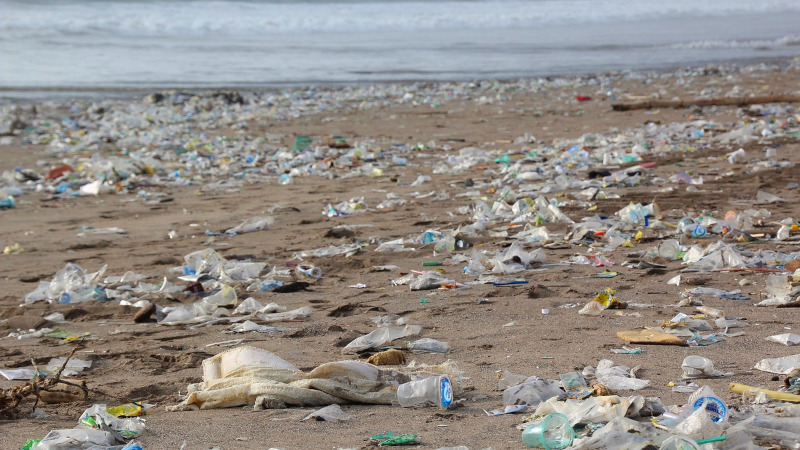 Plastic pollution at a beach