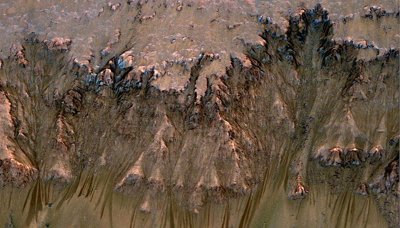 NASA image showing geological details of the Newton crater on Mars