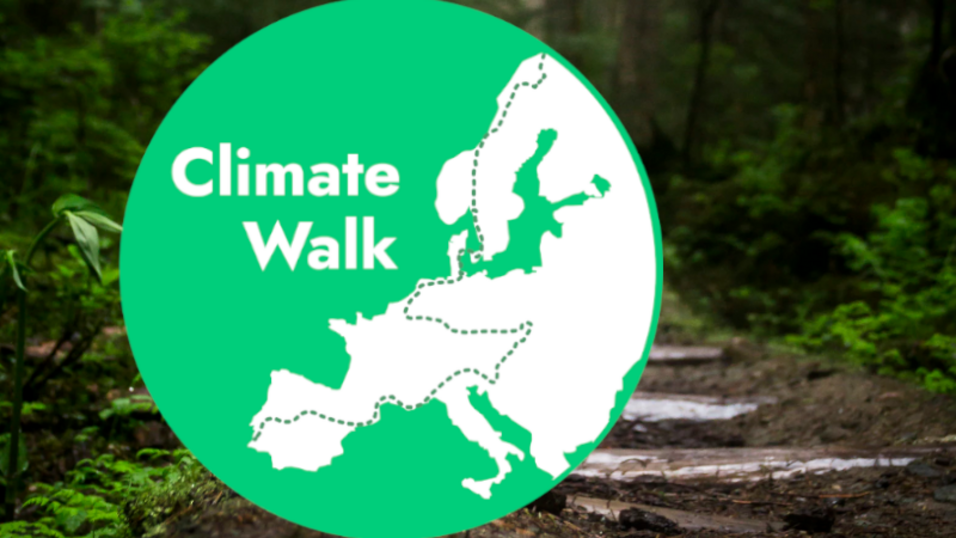 Climate Walk logo (circular logo featuring a white outline of the European continent on green background)