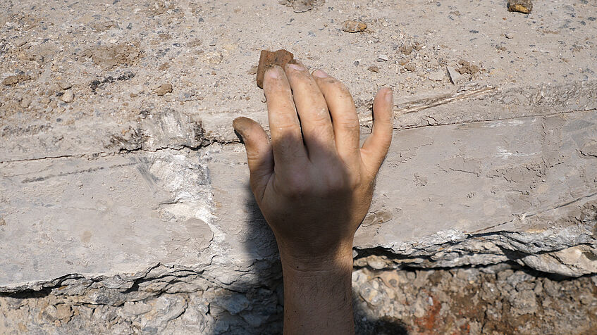Archaeologist holding up a shard dug up from the sediments