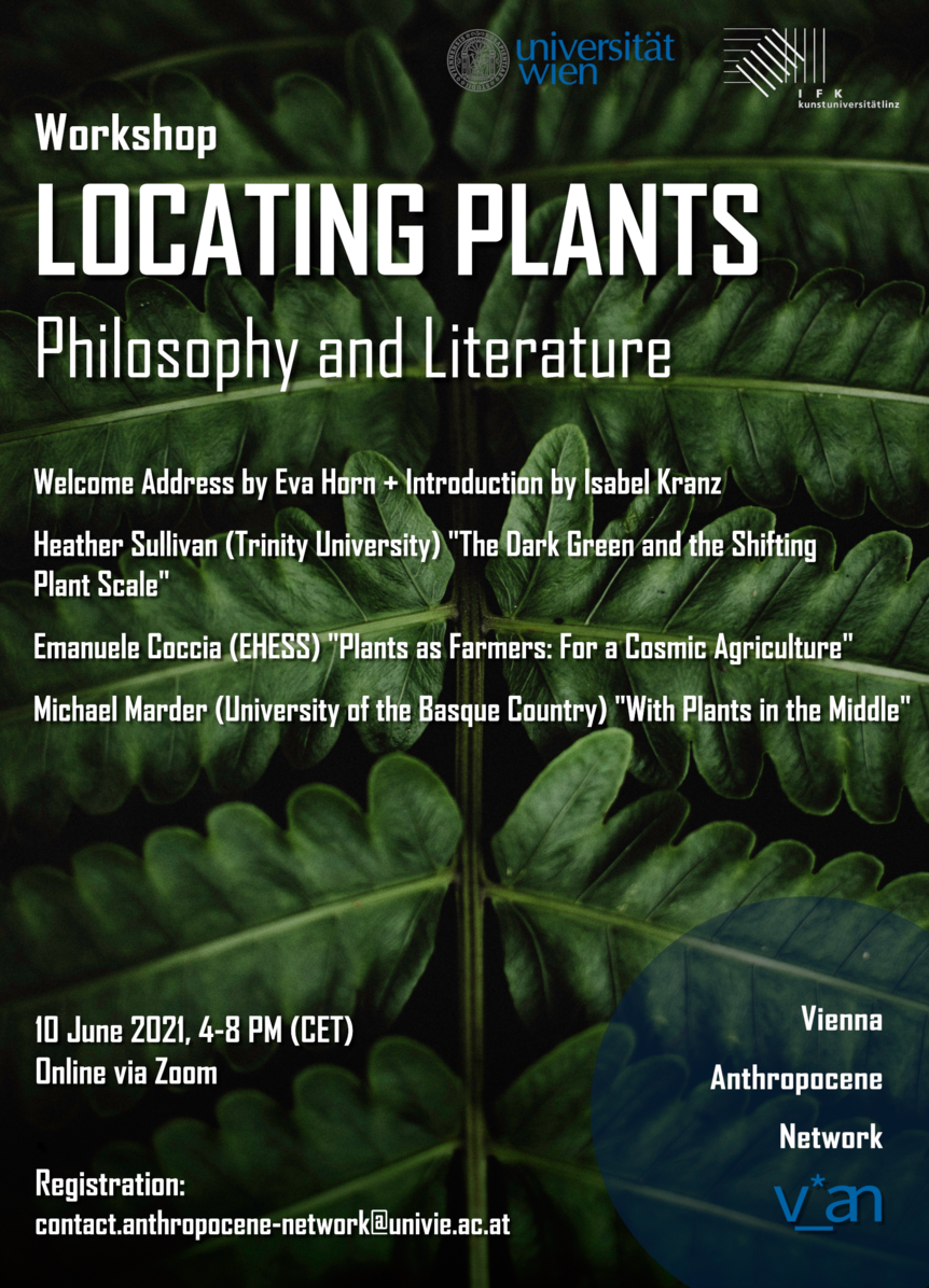 Poster of the 'Locating Plants' workshop, June 2021, white text on dark green background (close-up photograph of farn leaves)