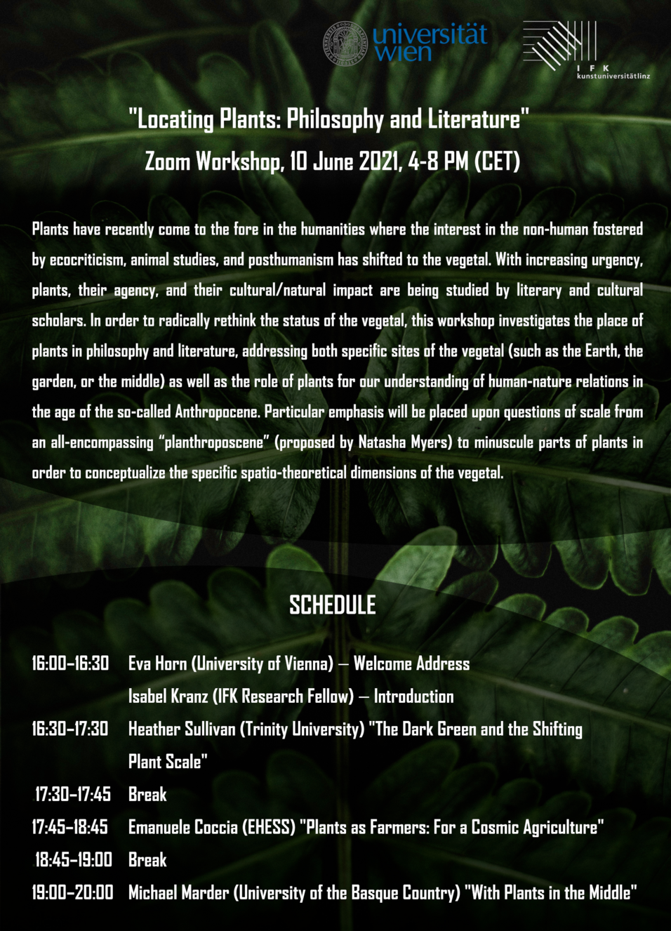 Programme of the 'Locating Plants' workshop, June 2021, white text on dark green background (close-up photograph of farn leaves)
