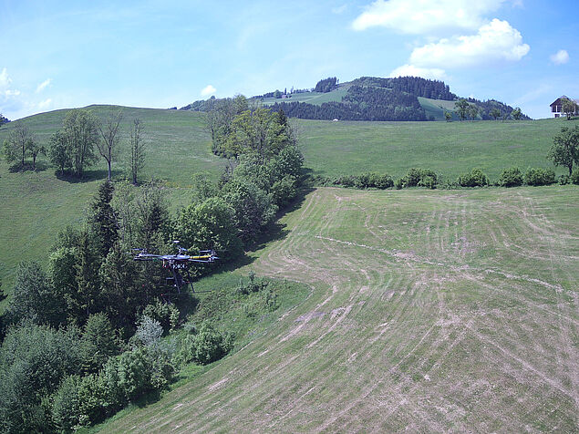 A drone in flight above a green landscape, covered by fields and trees