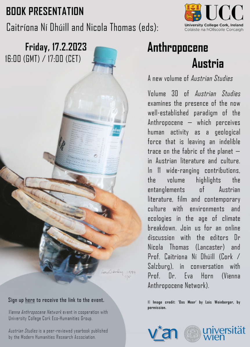 Poster for book presentation "Anthropocene Austria", featuring the image of a hand with unnaturally long, seashell-coloured nails holding a plastic water bottle (artwork by Lois Weinberger)