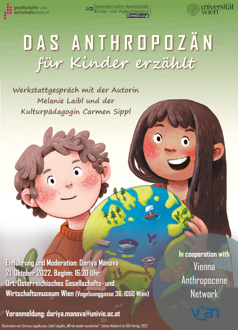 Book talk 'Anthropocene for Children' - illustration of a young girl and boy holding up a globe, green background
