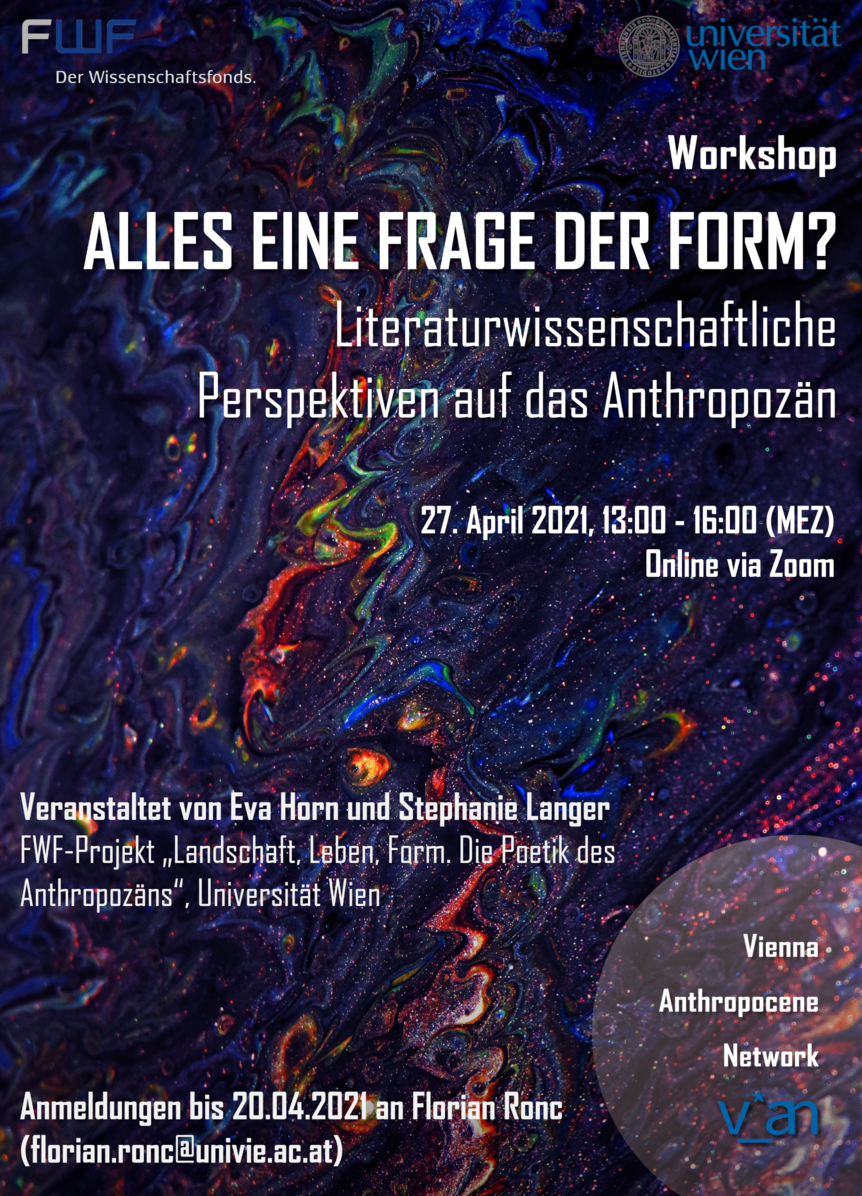 Poster for the "Alles eine Frage der Form?" workshop, white text on a multi-coloured background, mainly blue with interspersed glimmering dots and lines of red, orange, green and other colours.