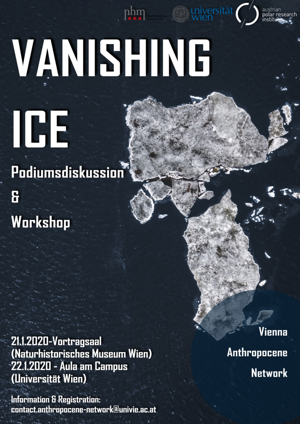 Poster for the "Vanishing Ice" symposium, white text on a bluish-black background - bird's eye view of a dark sea with broken icecaps on it.
