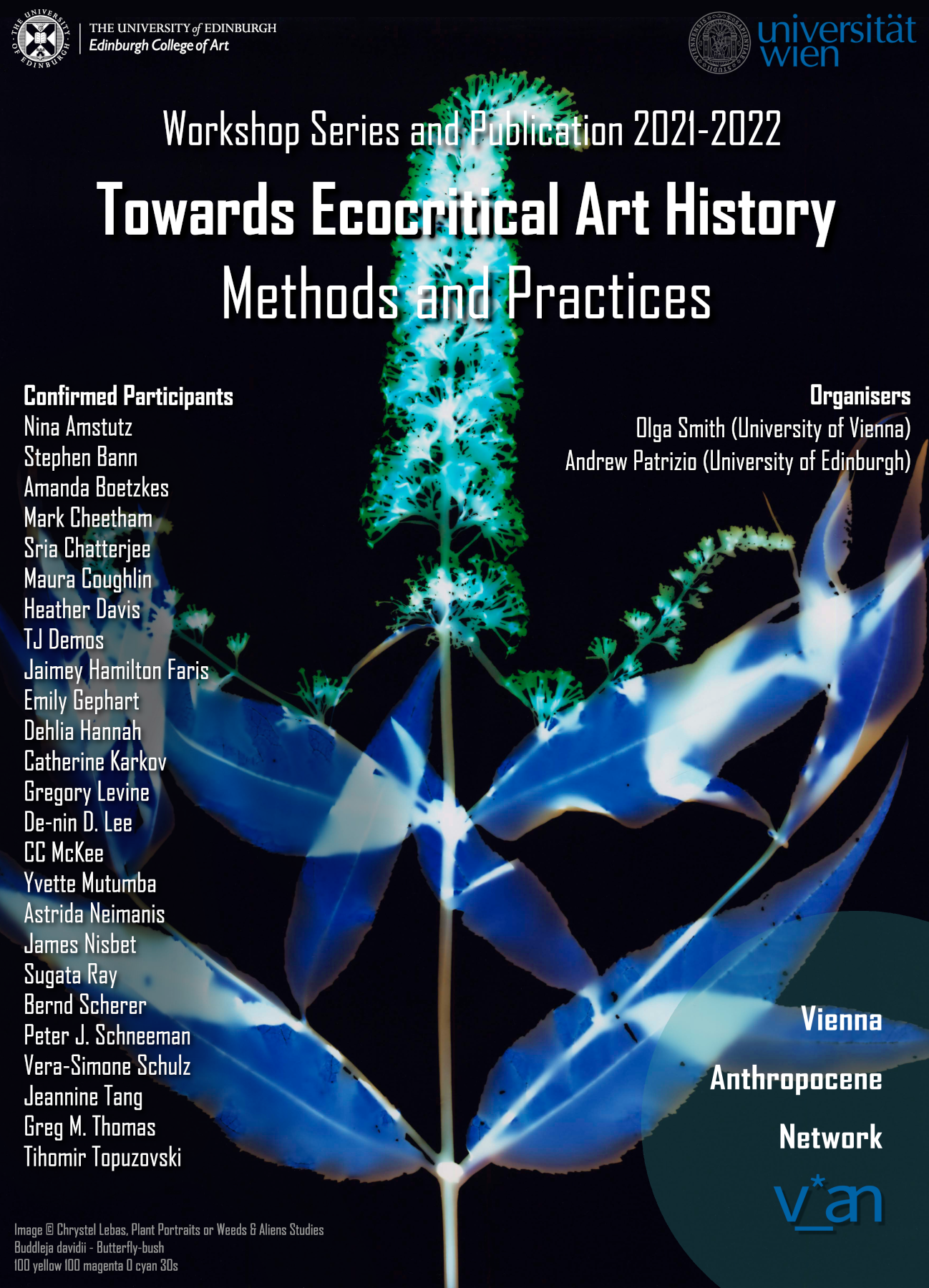Teaser image for the workshop series "Towards Ecocritical Art History" (white text on a black background with a bluish plant)