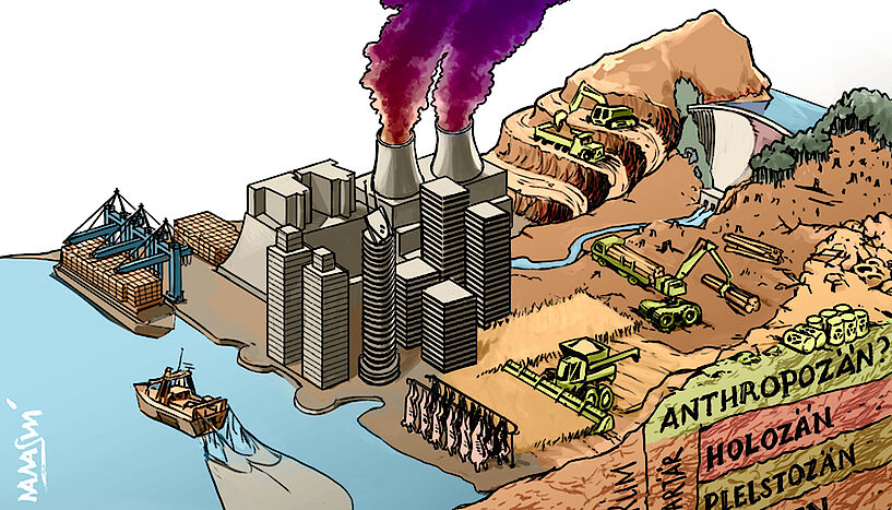 Comic-style image of a factory, surrounded by smaller details representing harmful human activities such as deforestation and nuclear waste, in the bottom right corner layers of sediment are labelled as 'Anthropocene', 'Holocene' and 'Pleistocene' (from top to bottom)