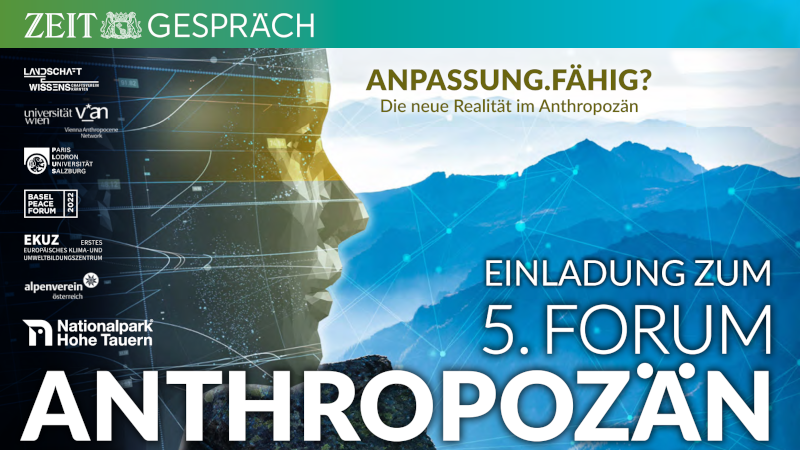 Teaser image for the 5th Forum Anthropozän 2022 - white text, mountains and a silhouetted human face in the background