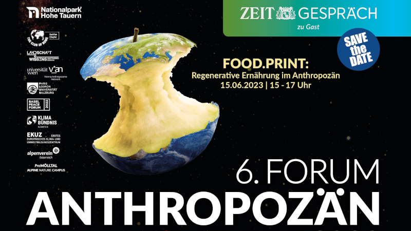Teaser for the 6th Forum Anthropozän 2023, featuring a depiction of planet Earth in space shaped like a half-eaten apple
