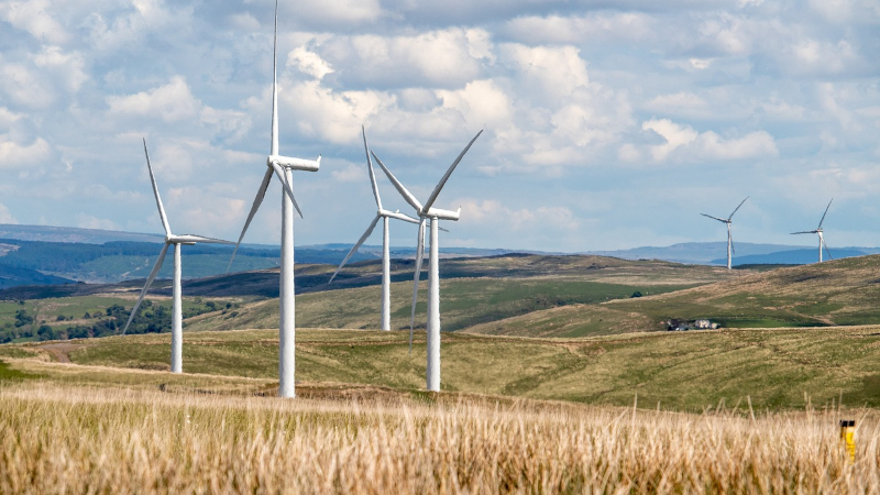 Wind turbines in a hilly landscape
