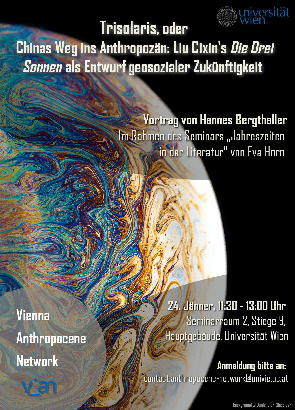 Poster for the lecture "Trisolaris" (background showing an opalescent, earth-like sphere in colours ranging from blue to gold)
