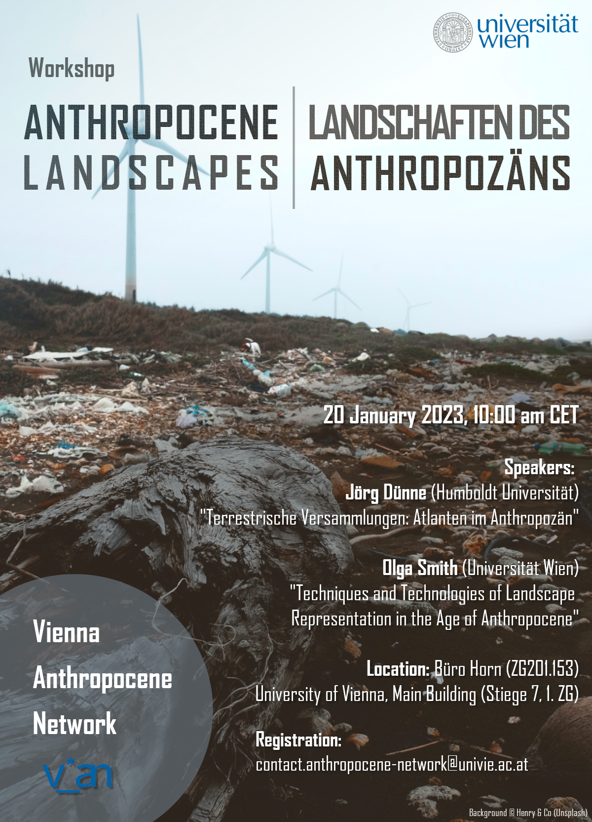 Poster for the workshop "Anthropocene Landscapes" (image showing a plastic-polluted stretch of land in the foreground and wind turbines in the background)