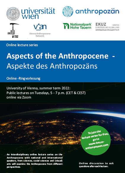 Poster for the Anthropocene online lecture series, summer term 2022, white text on blue and black background, featuring a photo of Earth from space at night