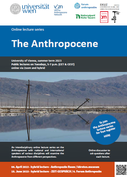 Poster for the Anthropocene online lecture series 2023 - featuring a photo of power lines in an anotherwise deserted landscape